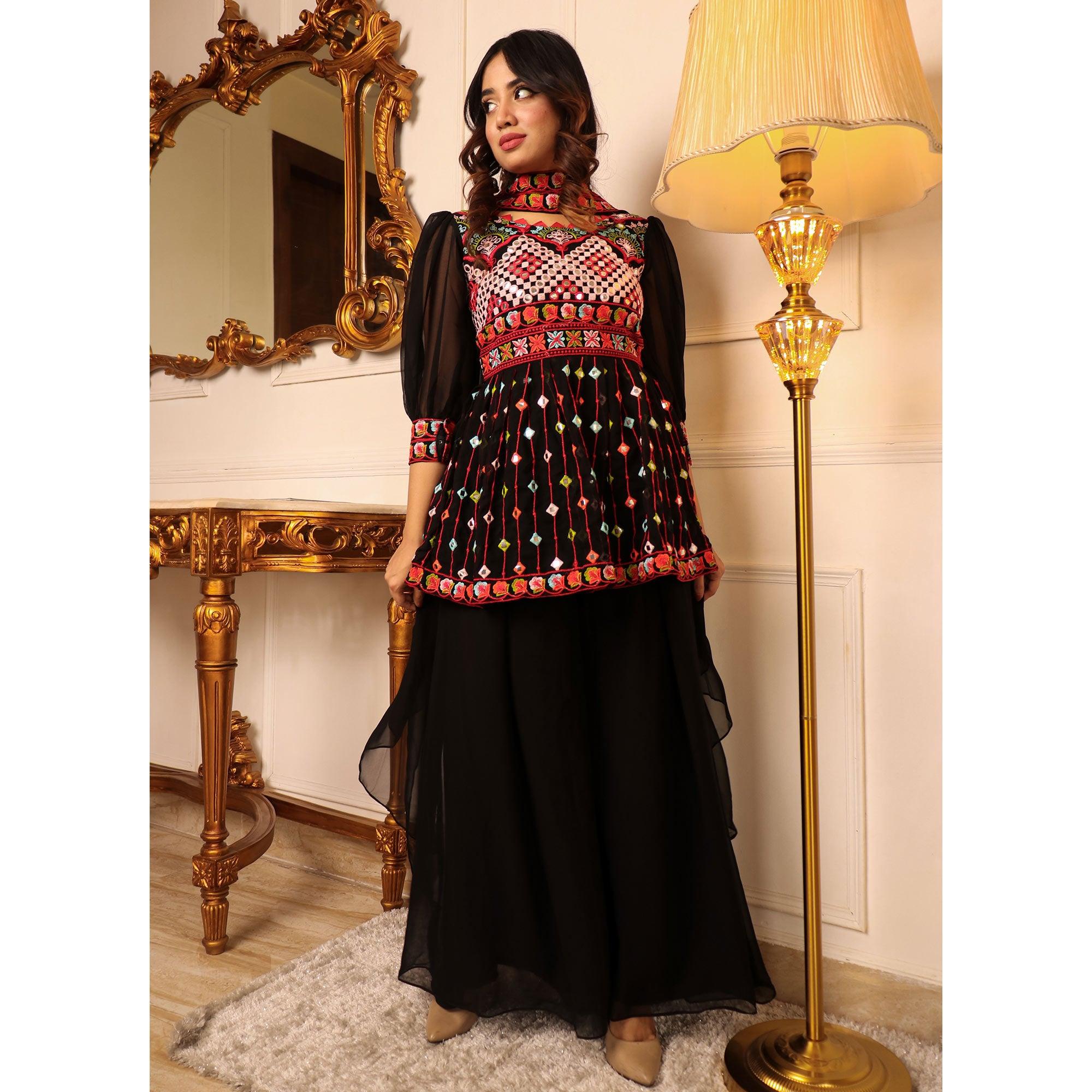 Black Embroidered Georgette Sharara Suit - Peachmode