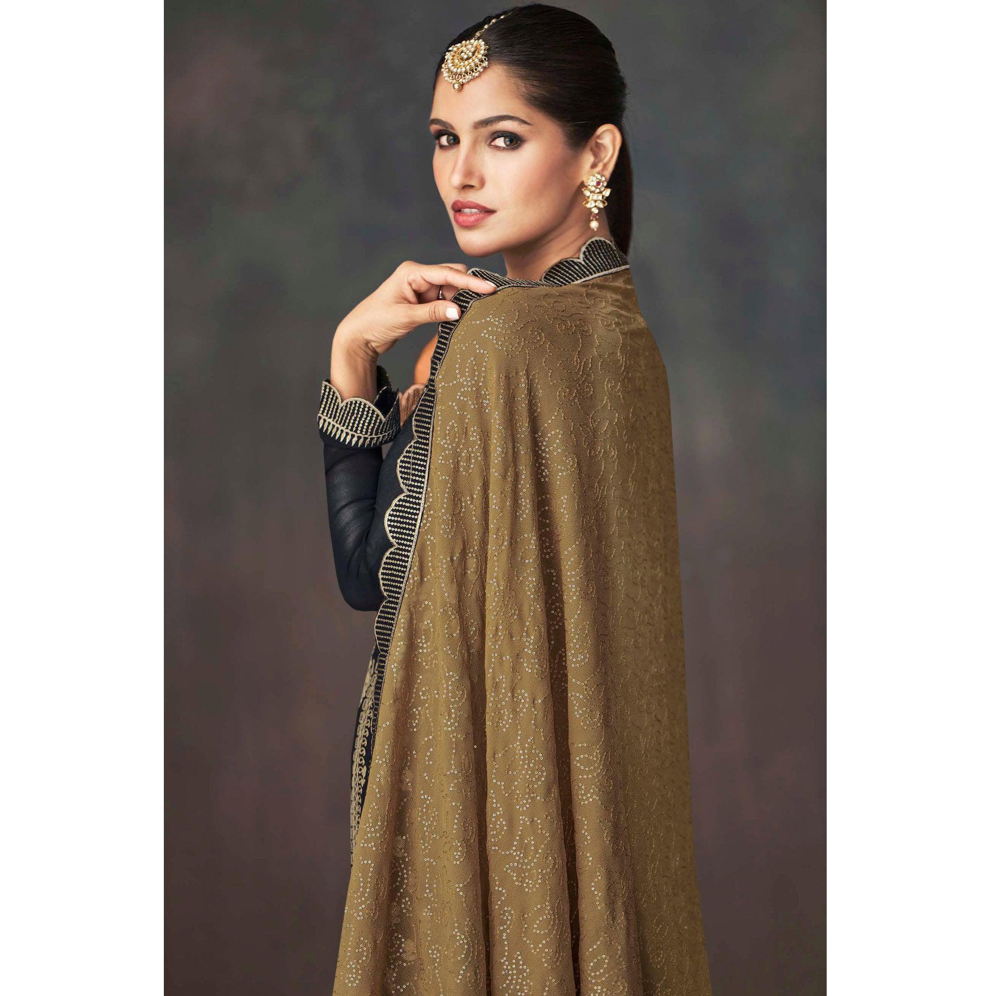 Black Embroidered Georgette Sharara Suit - Peachmode