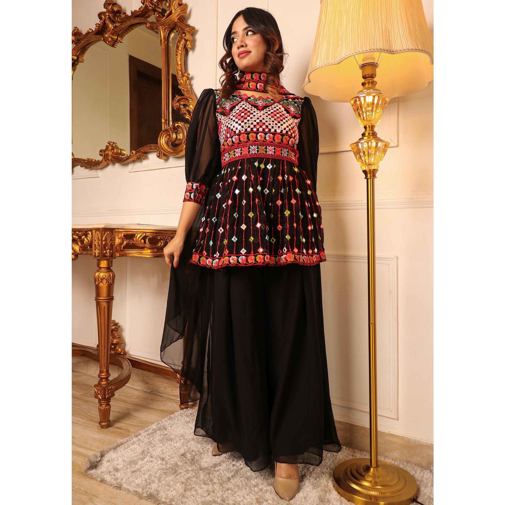 Black Embroidered Georgette Sharara Suit - Peachmode