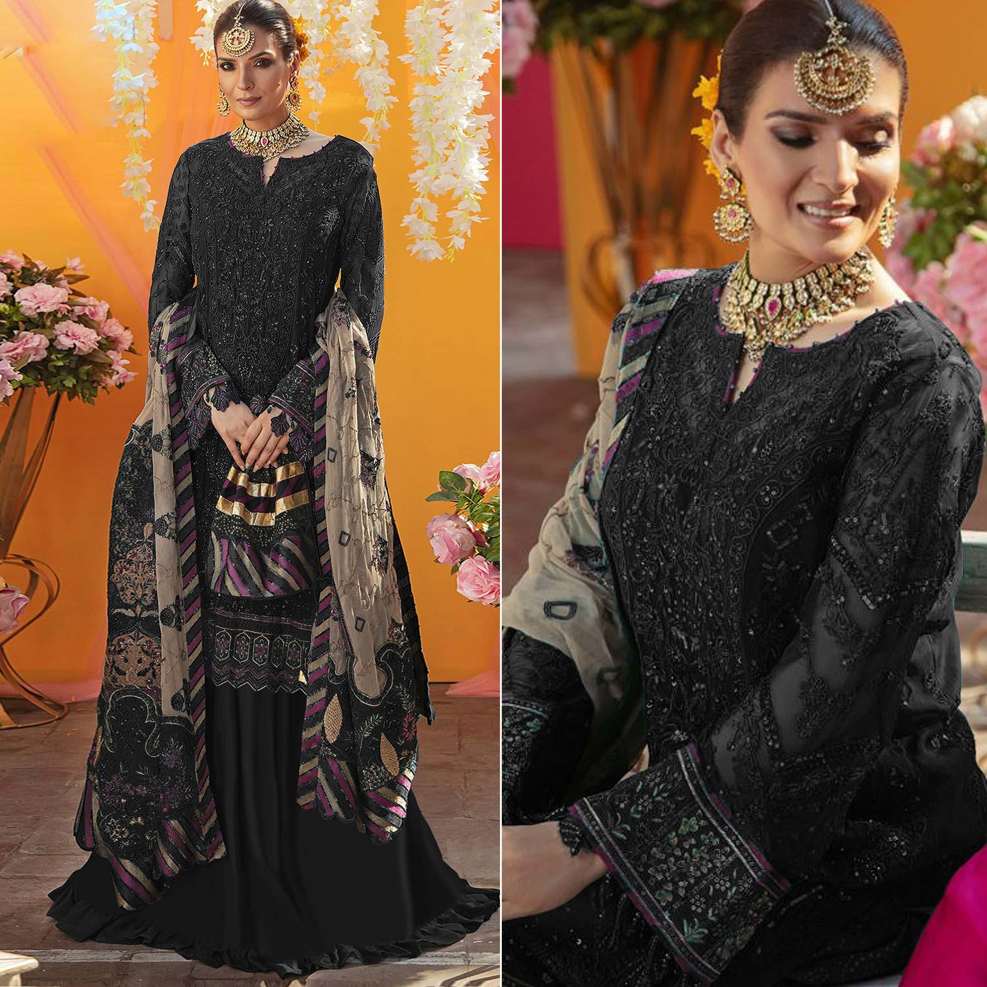 Black Embroidered Georgette Suit - Peachmode