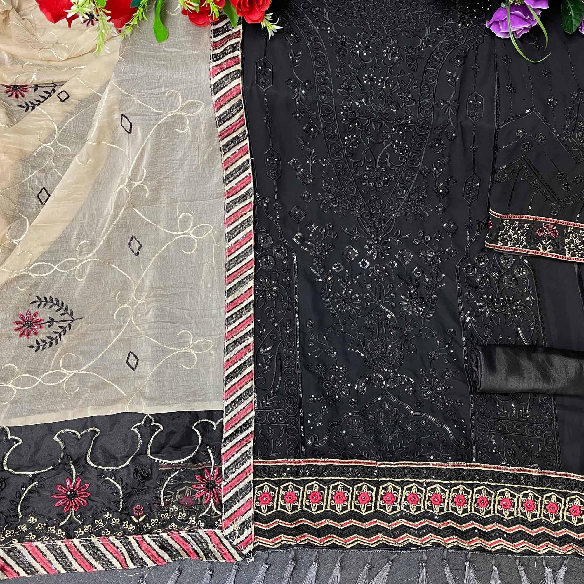Black Embroidered Georgette Suit - Peachmode