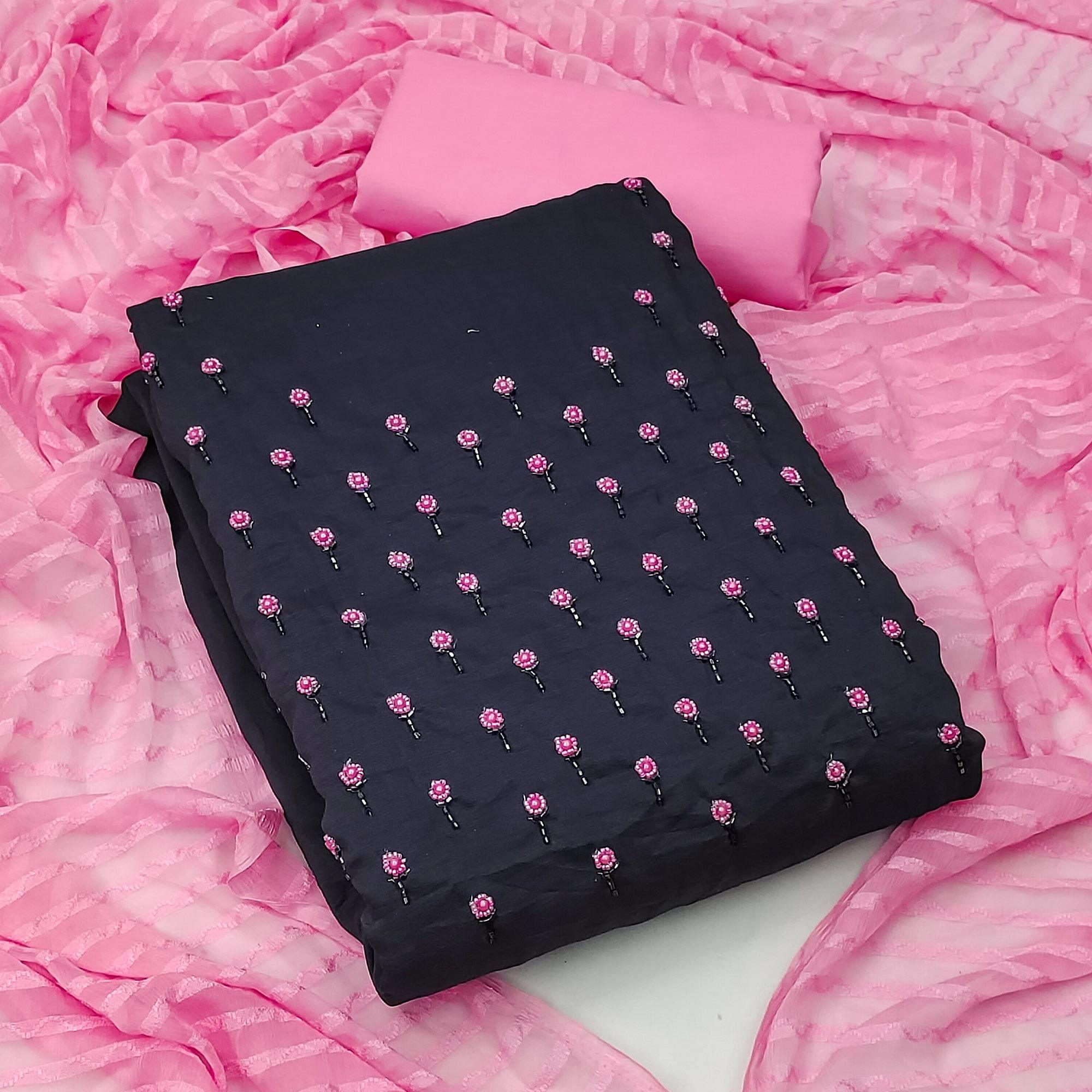 Black Embroidered Handwork Pure Cotton Dress Material - Peachmode