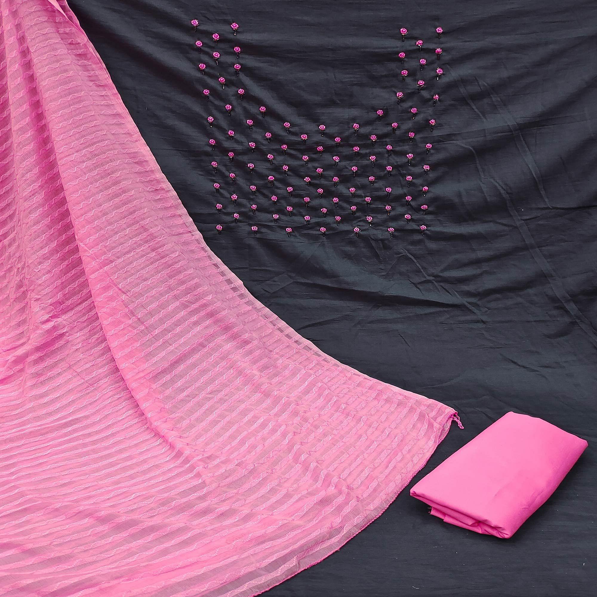 Black Embroidered Handwork Pure Cotton Dress Material - Peachmode