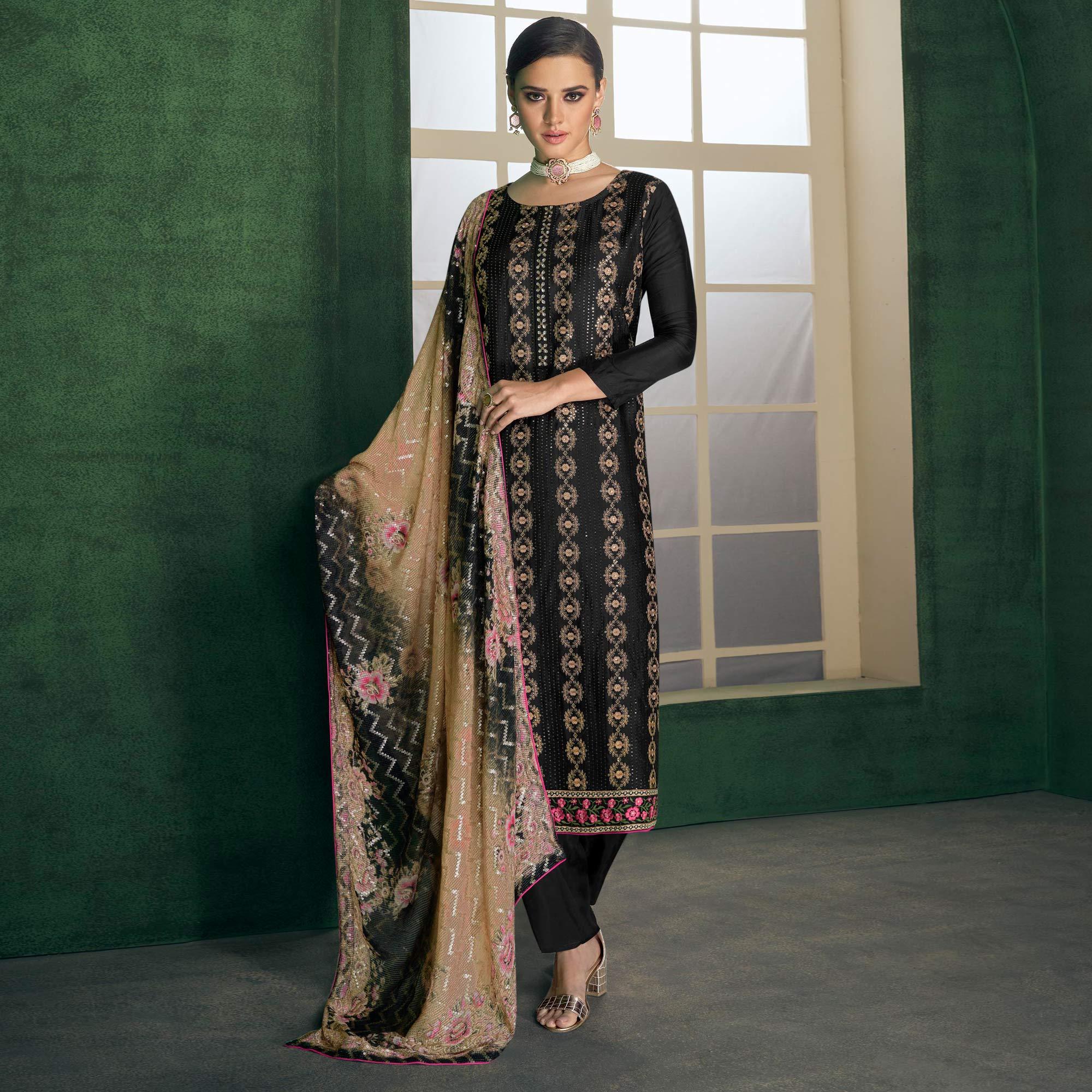 Black Embroidered Heavy Faux Georgette Partywear Suit - Peachmode
