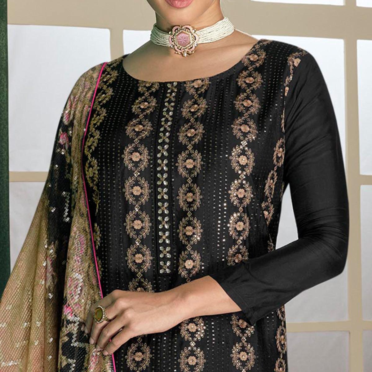 Black Embroidered Heavy Faux Georgette Partywear Suit - Peachmode
