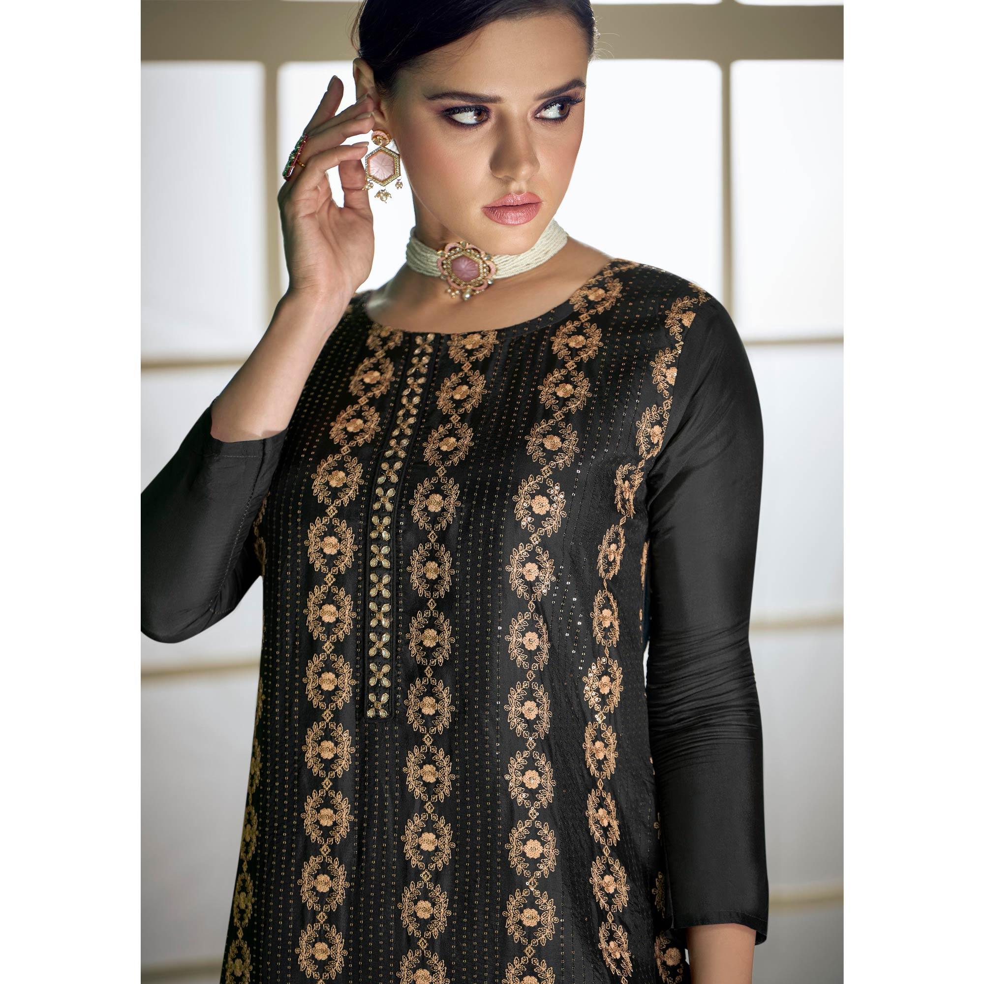 Black Embroidered Heavy Faux Georgette Partywear Suit - Peachmode