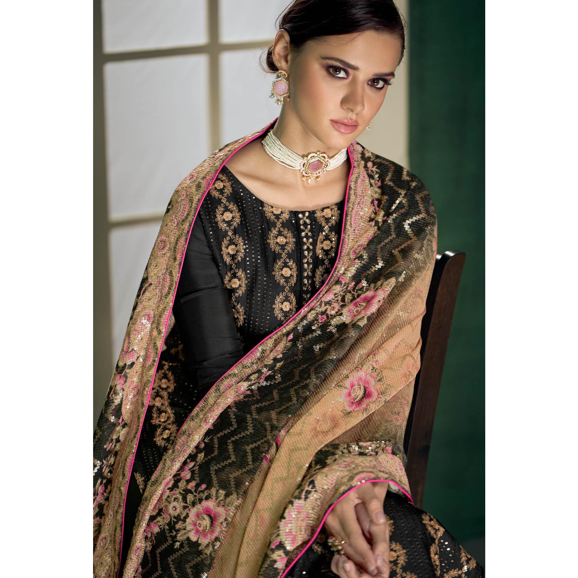 Black Embroidered Heavy Faux Georgette Partywear Suit - Peachmode