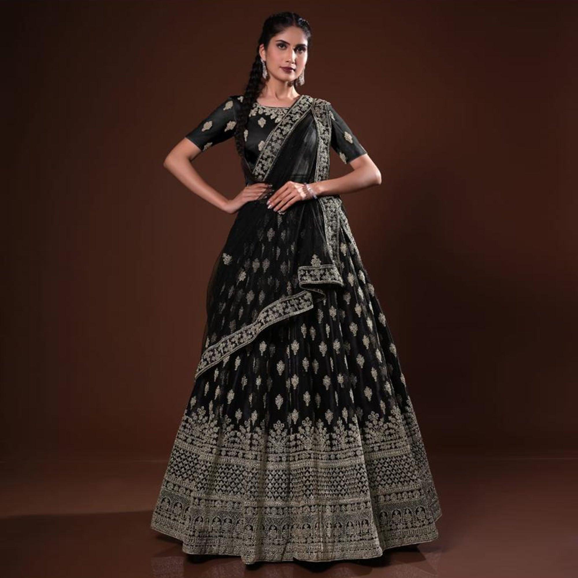 Black Embroidered Net Lehenga Choli - Peachmode