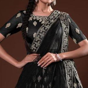 Black Embroidered Net Lehenga Choli - Peachmode