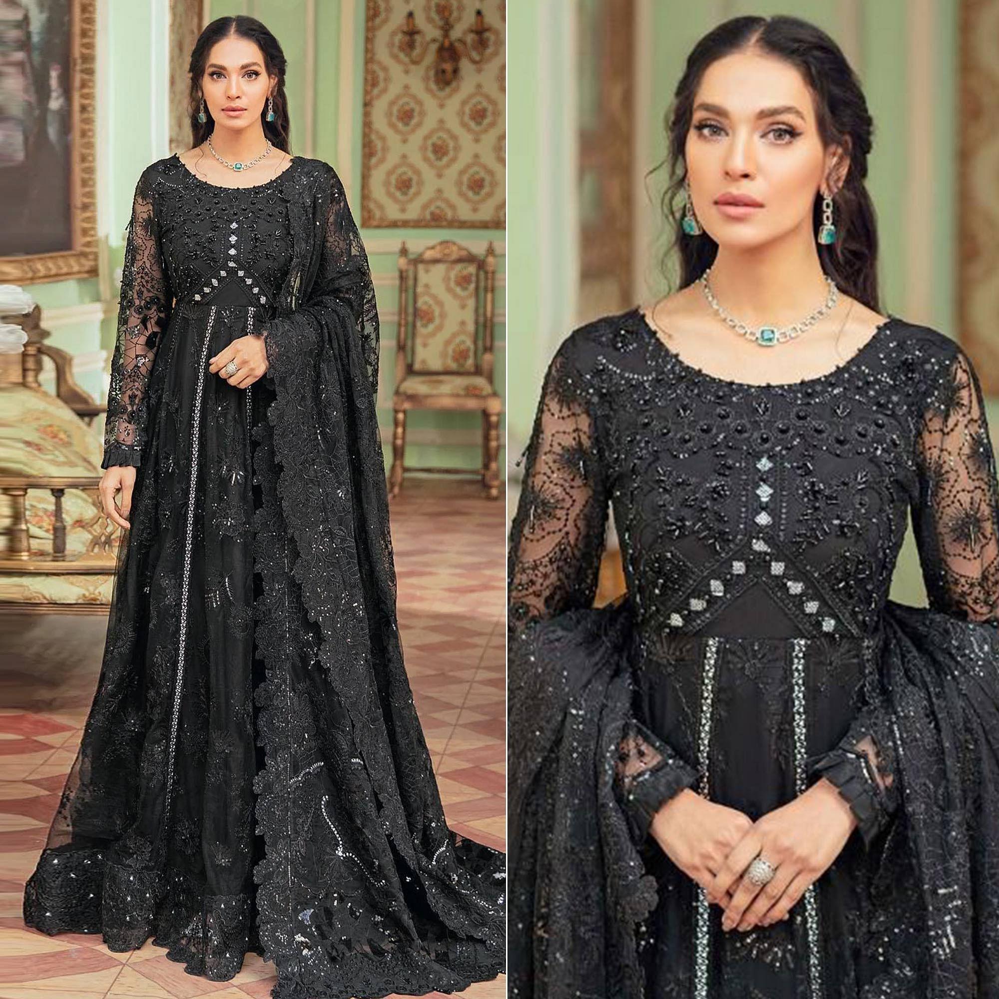 Black Embroidered Net Pakistani Suit - Peachmode