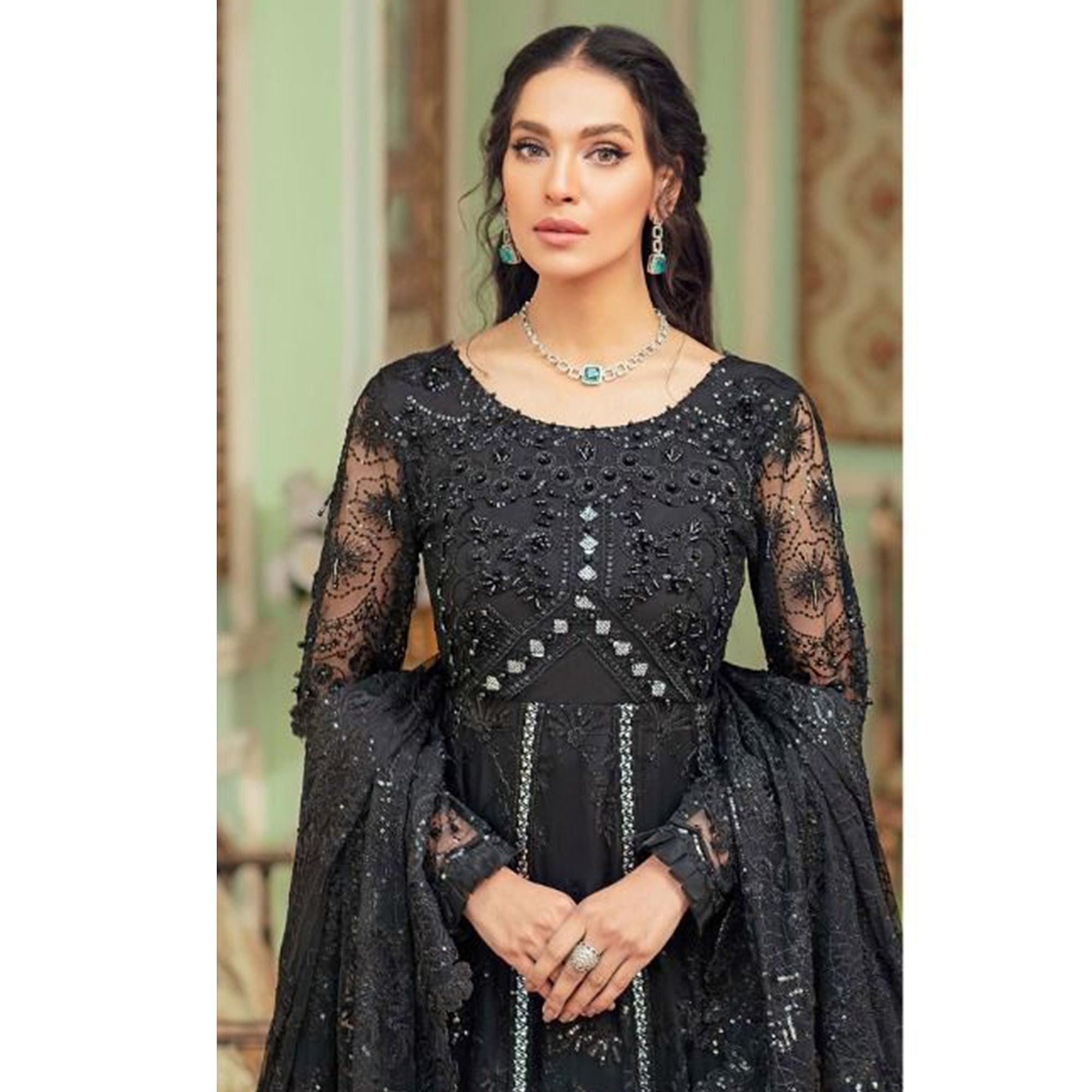 Black Embroidered Net Pakistani Suit - Peachmode
