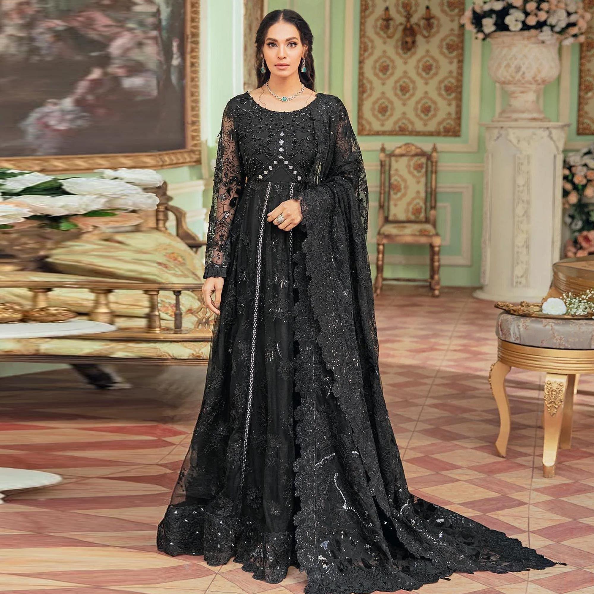Black Embroidered Net Pakistani Suit - Peachmode
