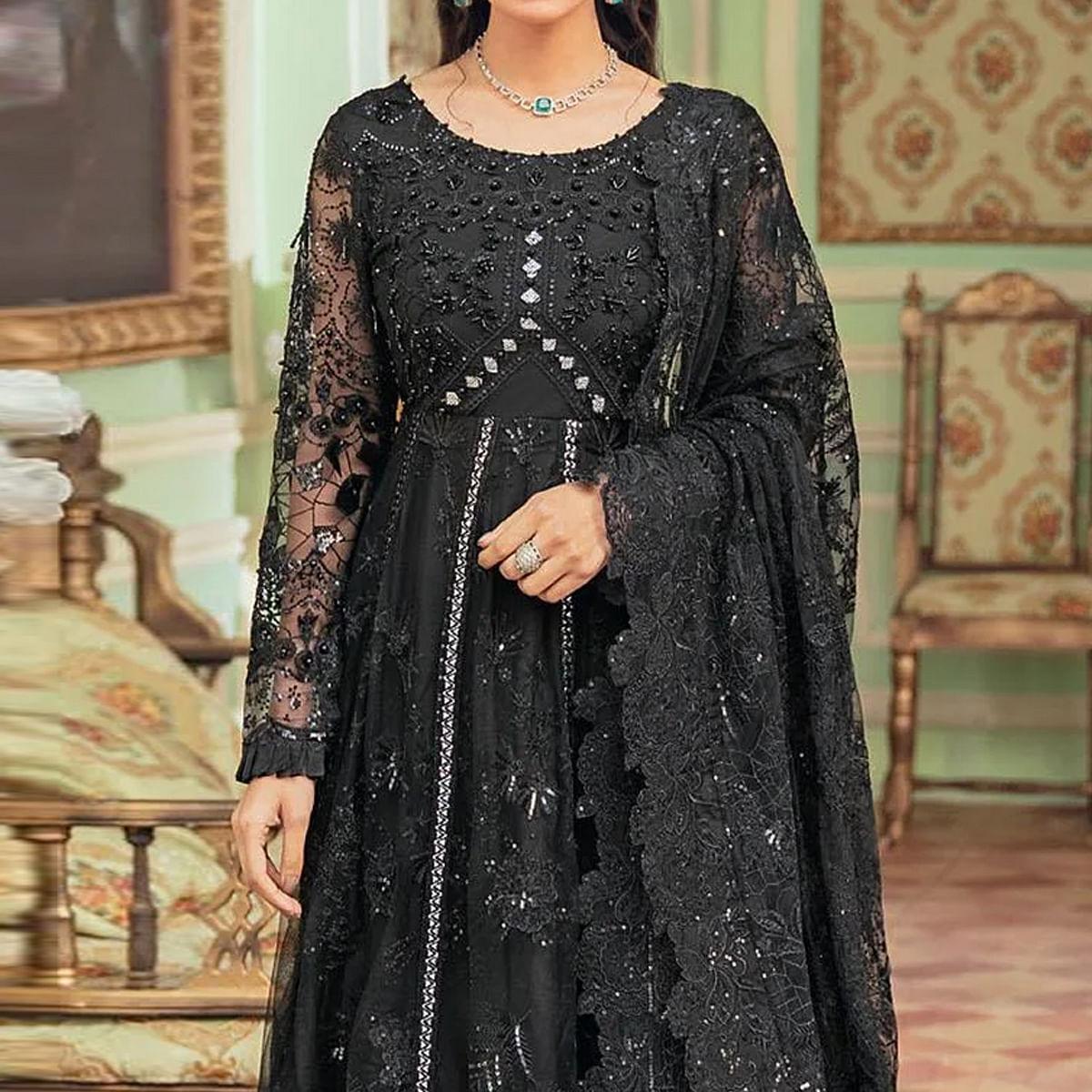 Black Embroidered Net Pakistani Suit - Peachmode