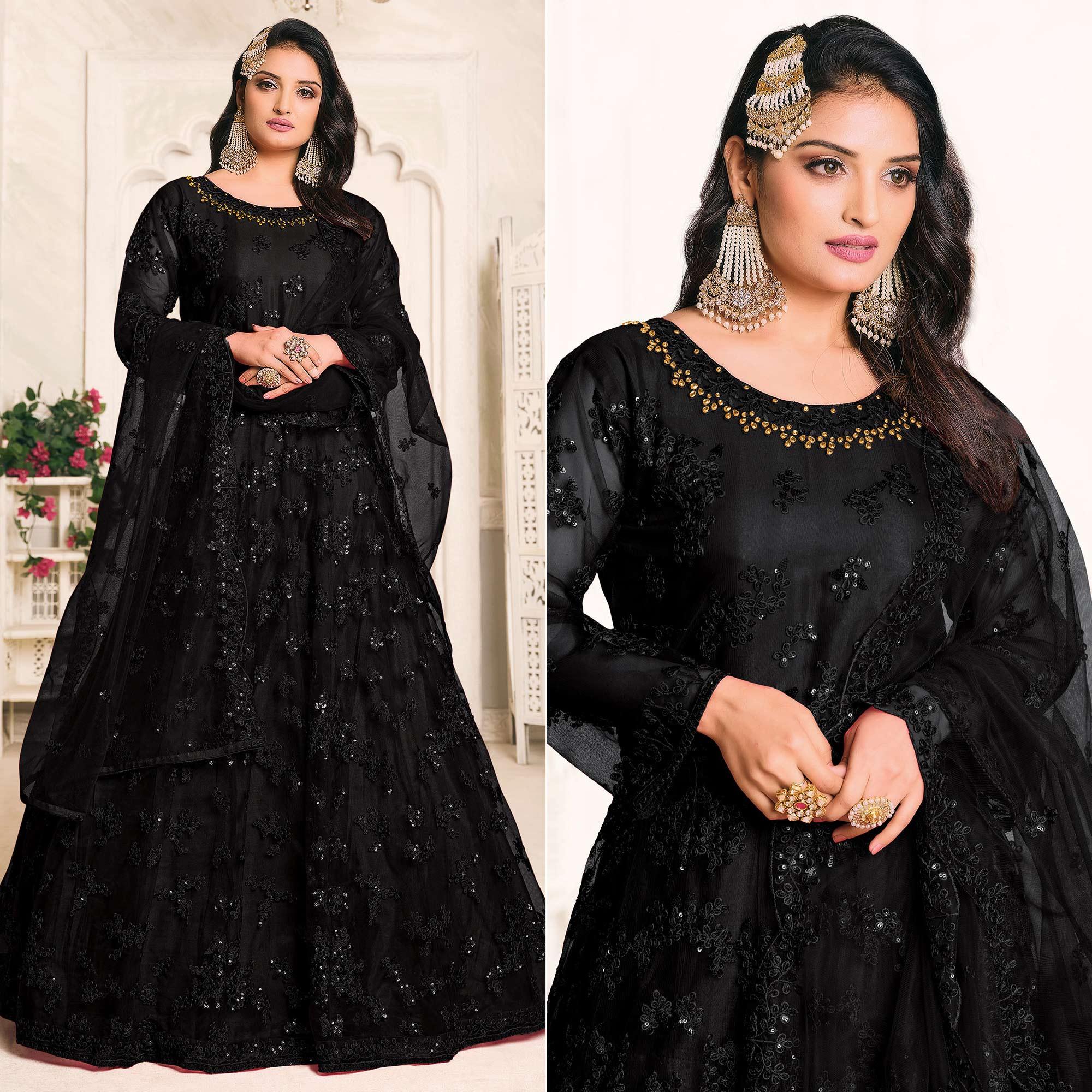 Black Embroidered Netted Anarkali Style Gown - Peachmode
