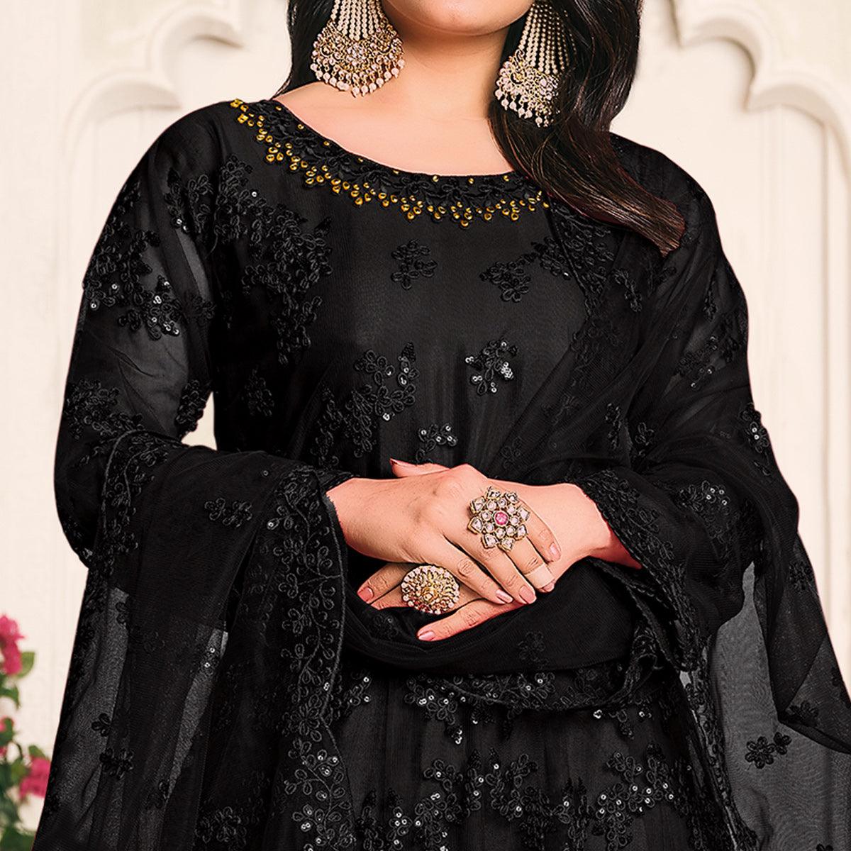 Black Embroidered Netted Anarkali Style Gown - Peachmode