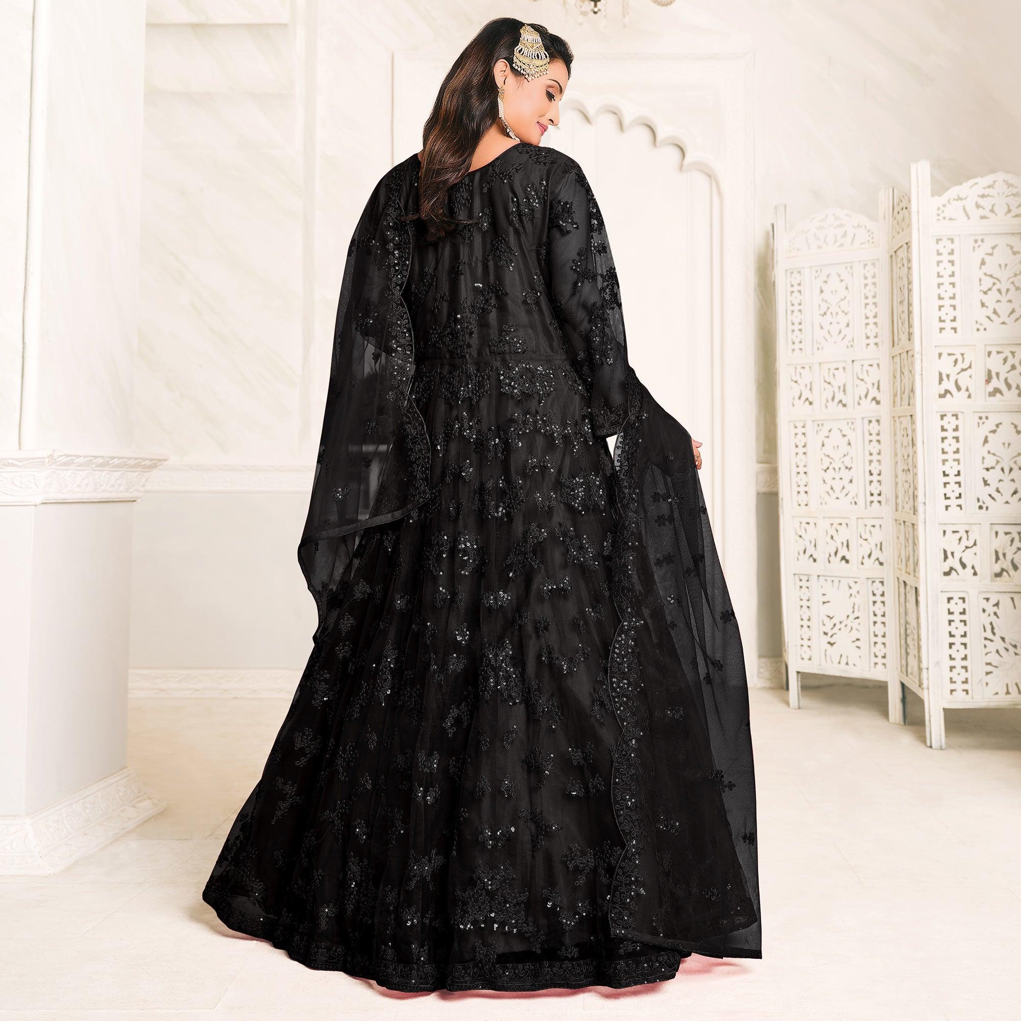 Black Embroidered Netted Anarkali Style Gown - Peachmode