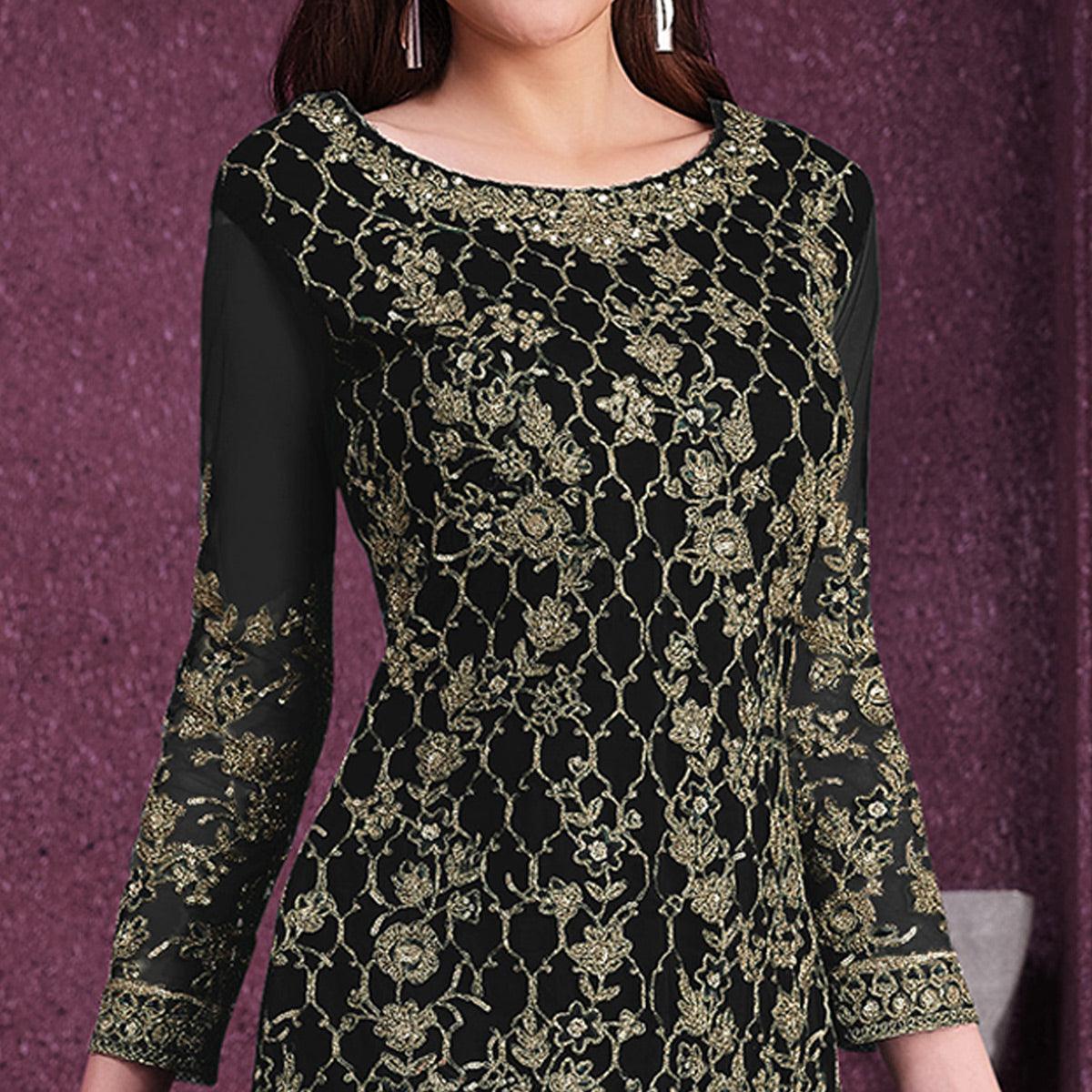 Black Embroidered Netted Suit - Peachmode