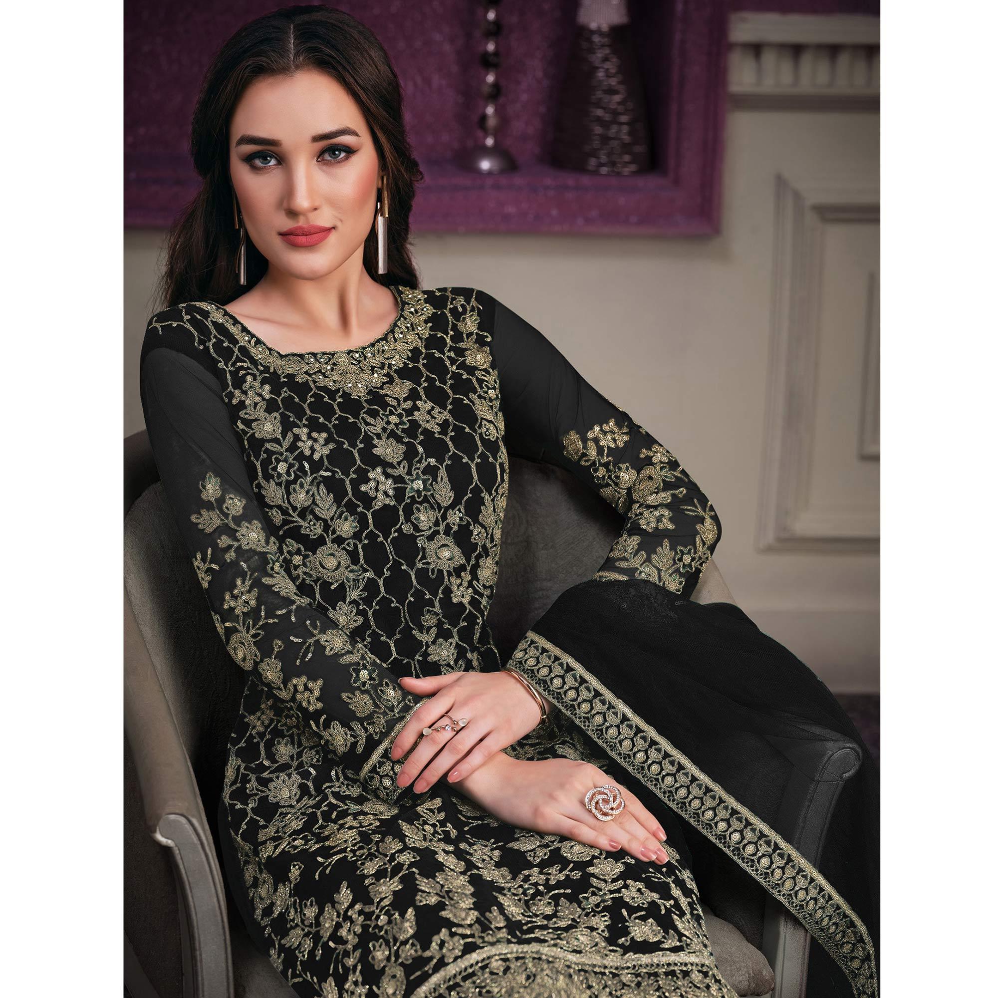 Black Embroidered Netted Suit - Peachmode