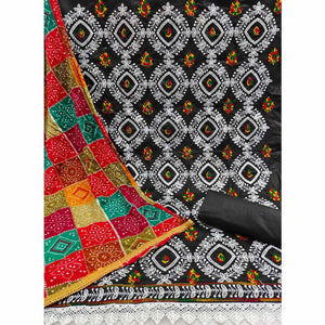 Black Embroidered Poly Cotton Dress Material - Peachmode