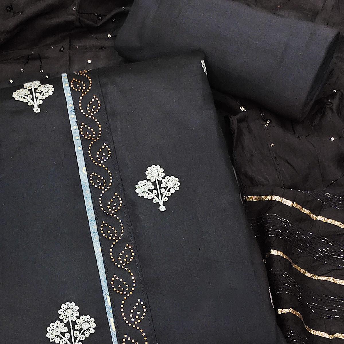 Black Embroidered Poly Cotton Dress Material - Peachmode