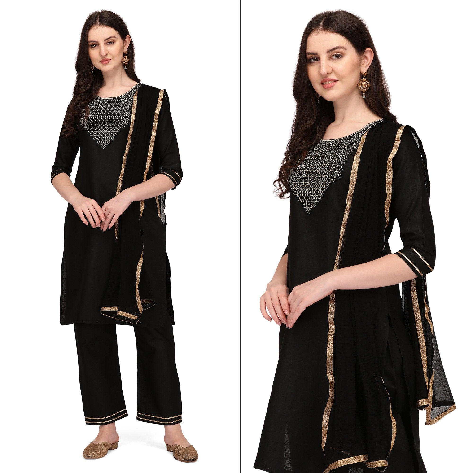 Black Embroidered Poly Cotton Kurti Pant Set With Dupatta - Peachmode
