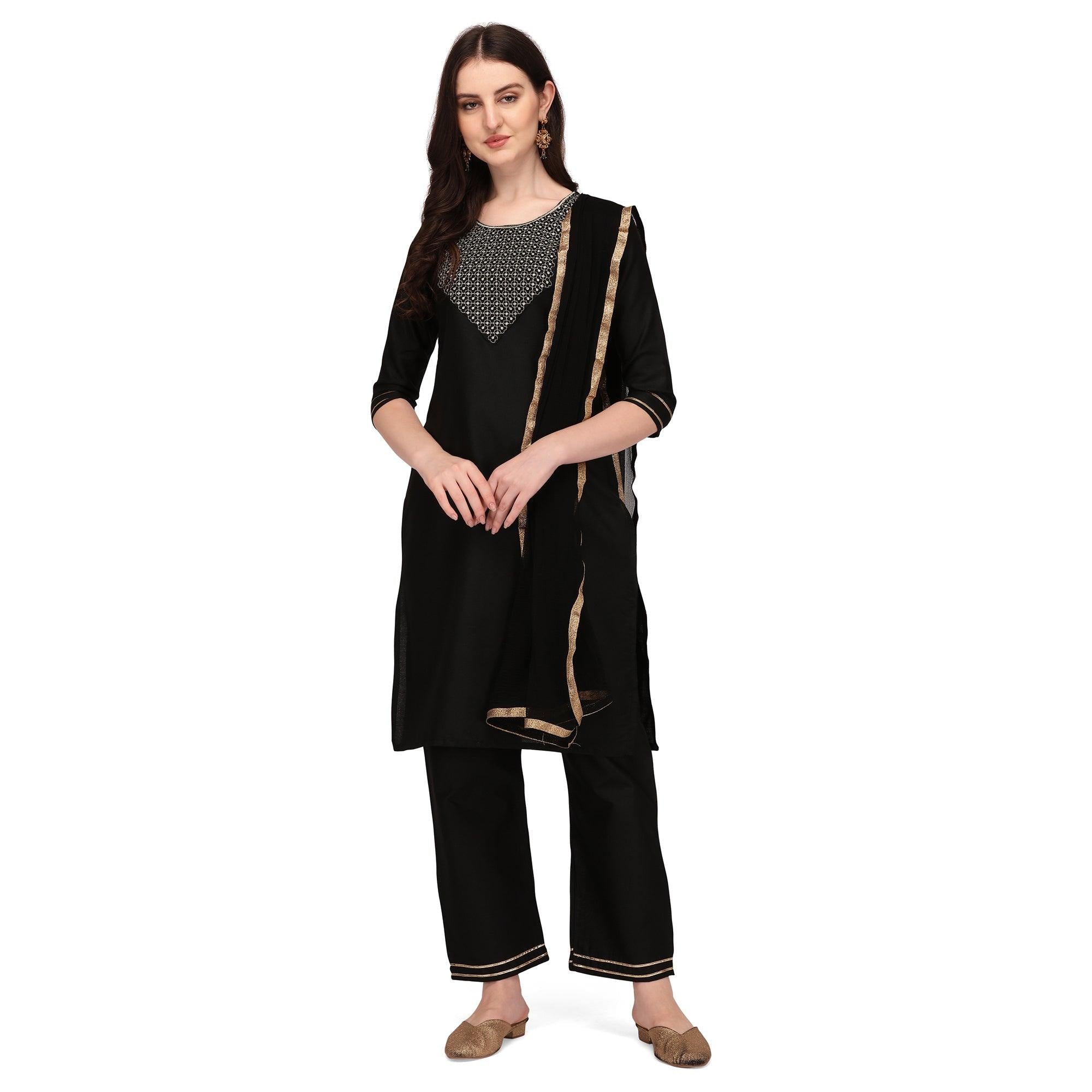 Black Embroidered Poly Cotton Kurti Pant Set With Dupatta - Peachmode