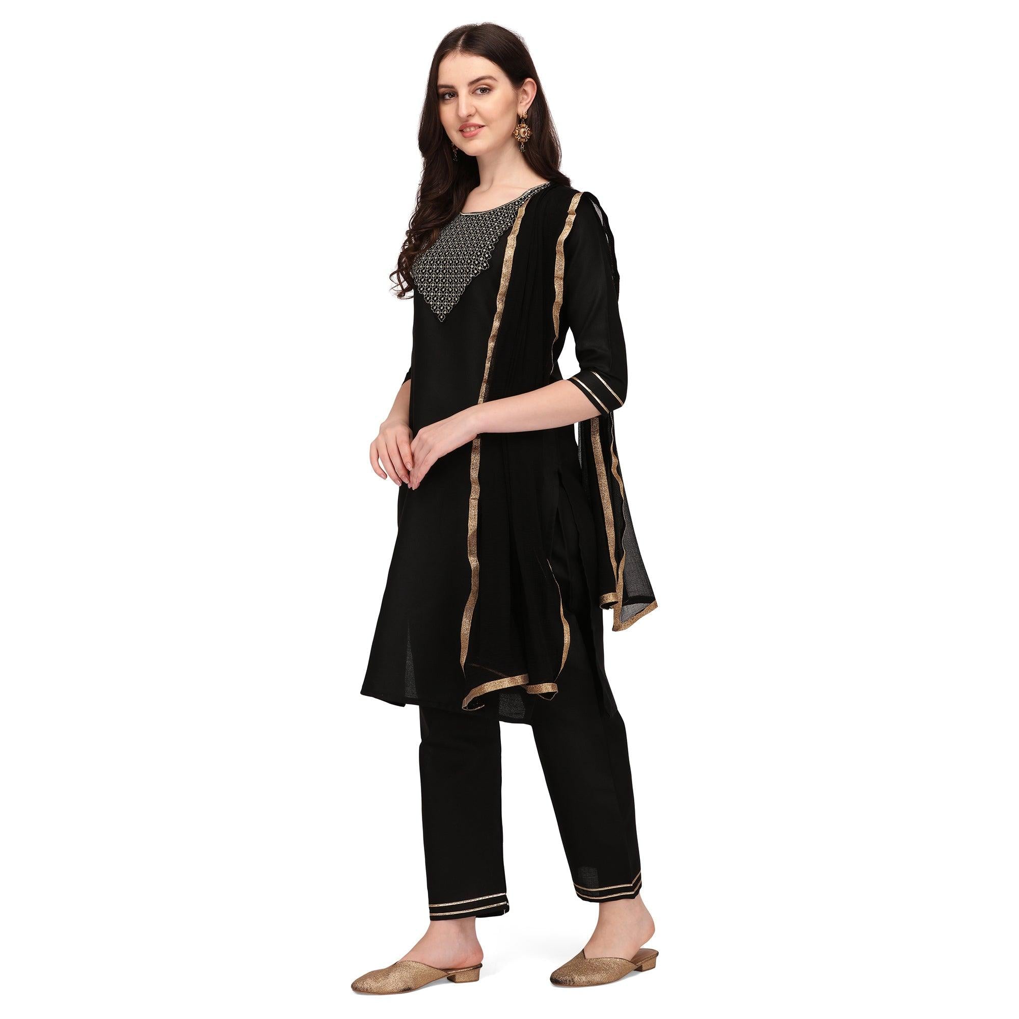 Black Embroidered Poly Cotton Kurti Pant Set With Dupatta - Peachmode
