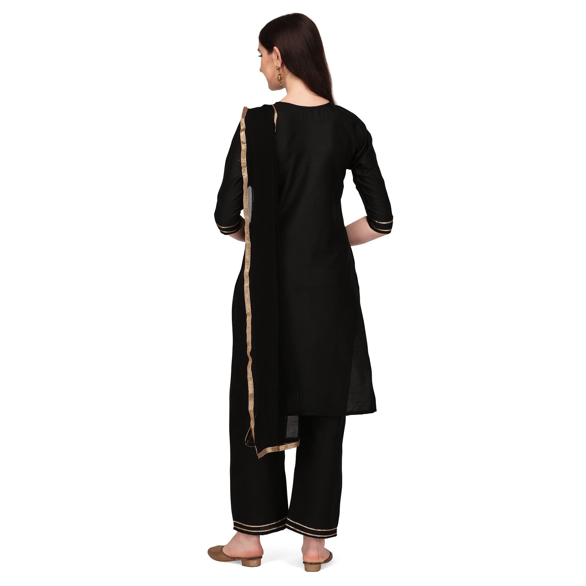 Black Embroidered Poly Cotton Kurti Pant Set With Dupatta - Peachmode