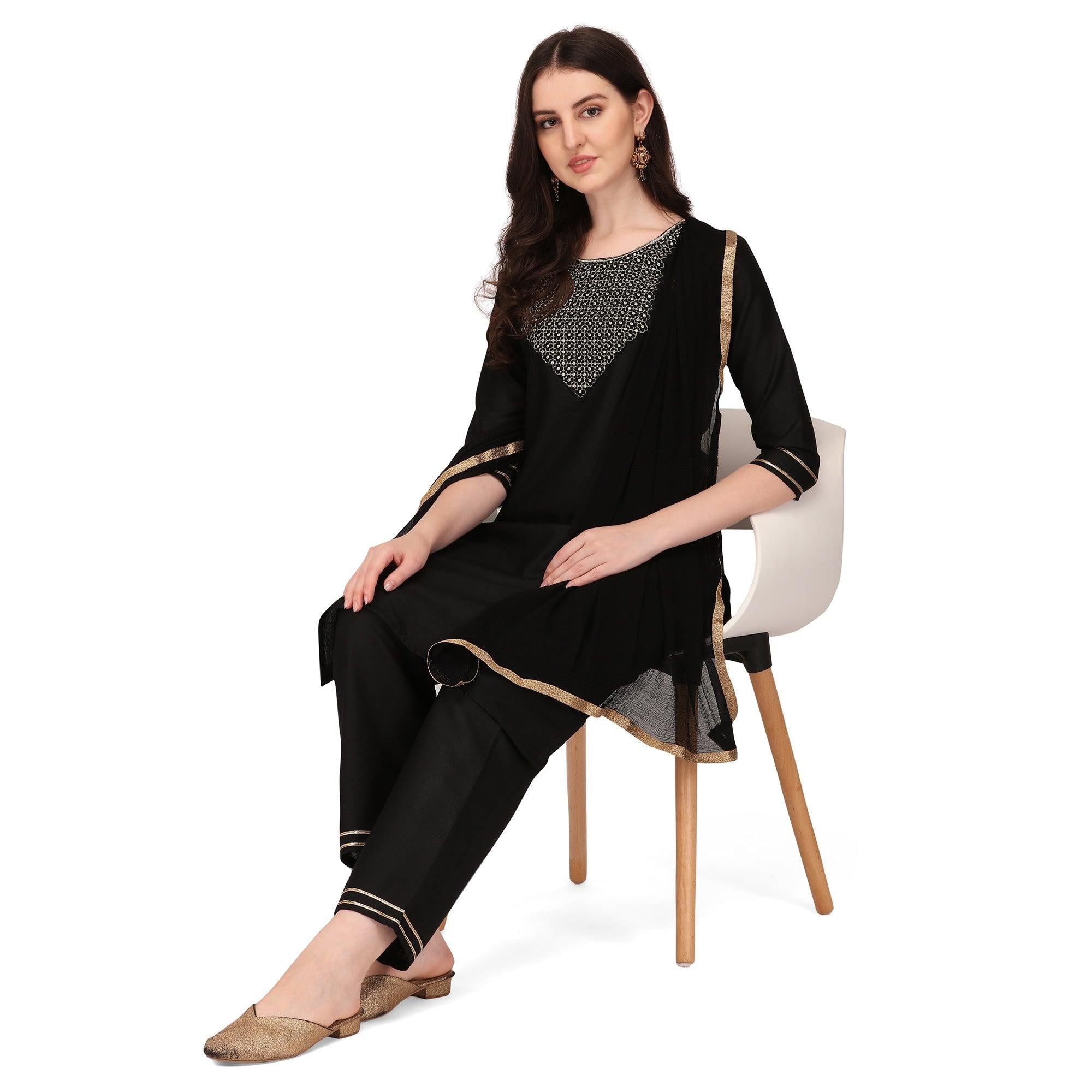 Black Embroidered Poly Cotton Kurti Pant Set With Dupatta - Peachmode