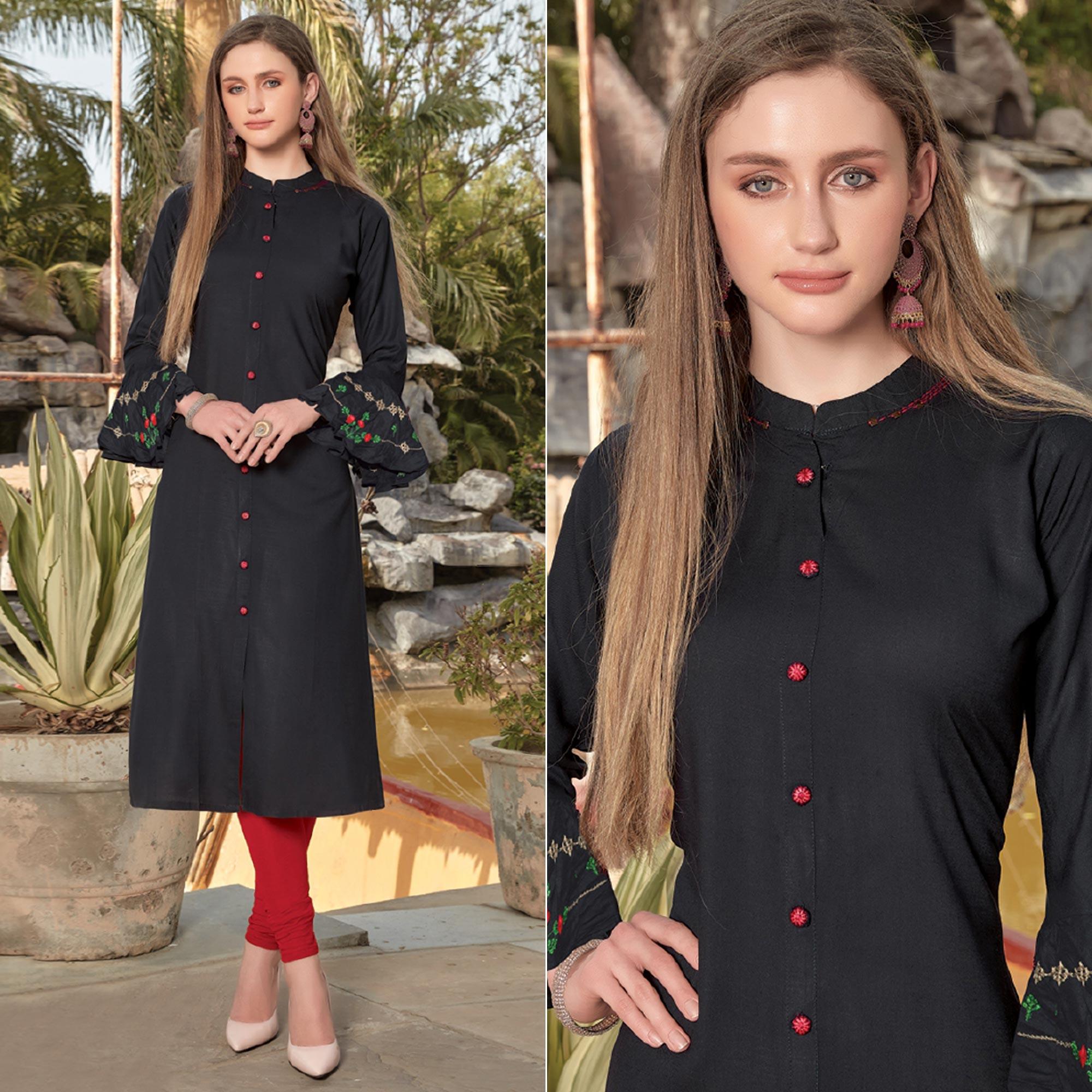 Black Embroidered Poly Cotton Kurti - Peachmode