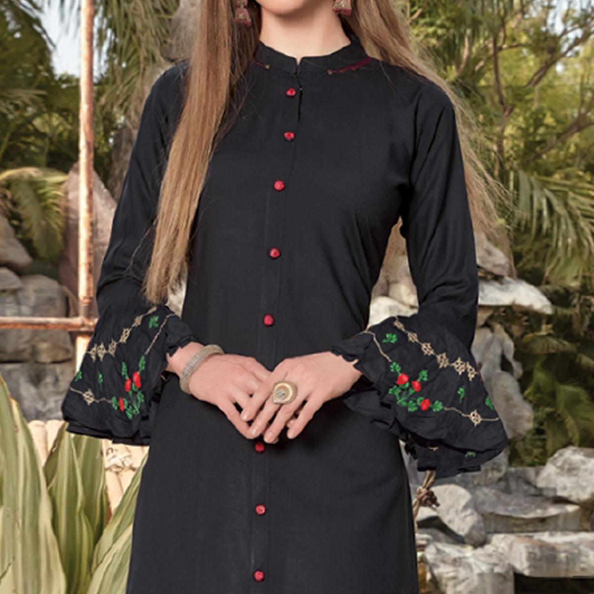 Black Embroidered Poly Cotton Kurti - Peachmode