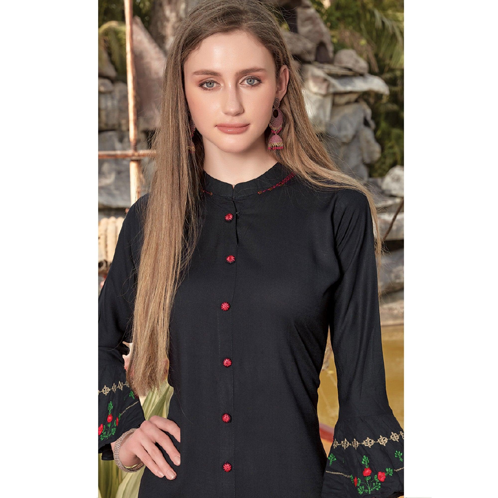 Black Embroidered Poly Cotton Kurti - Peachmode