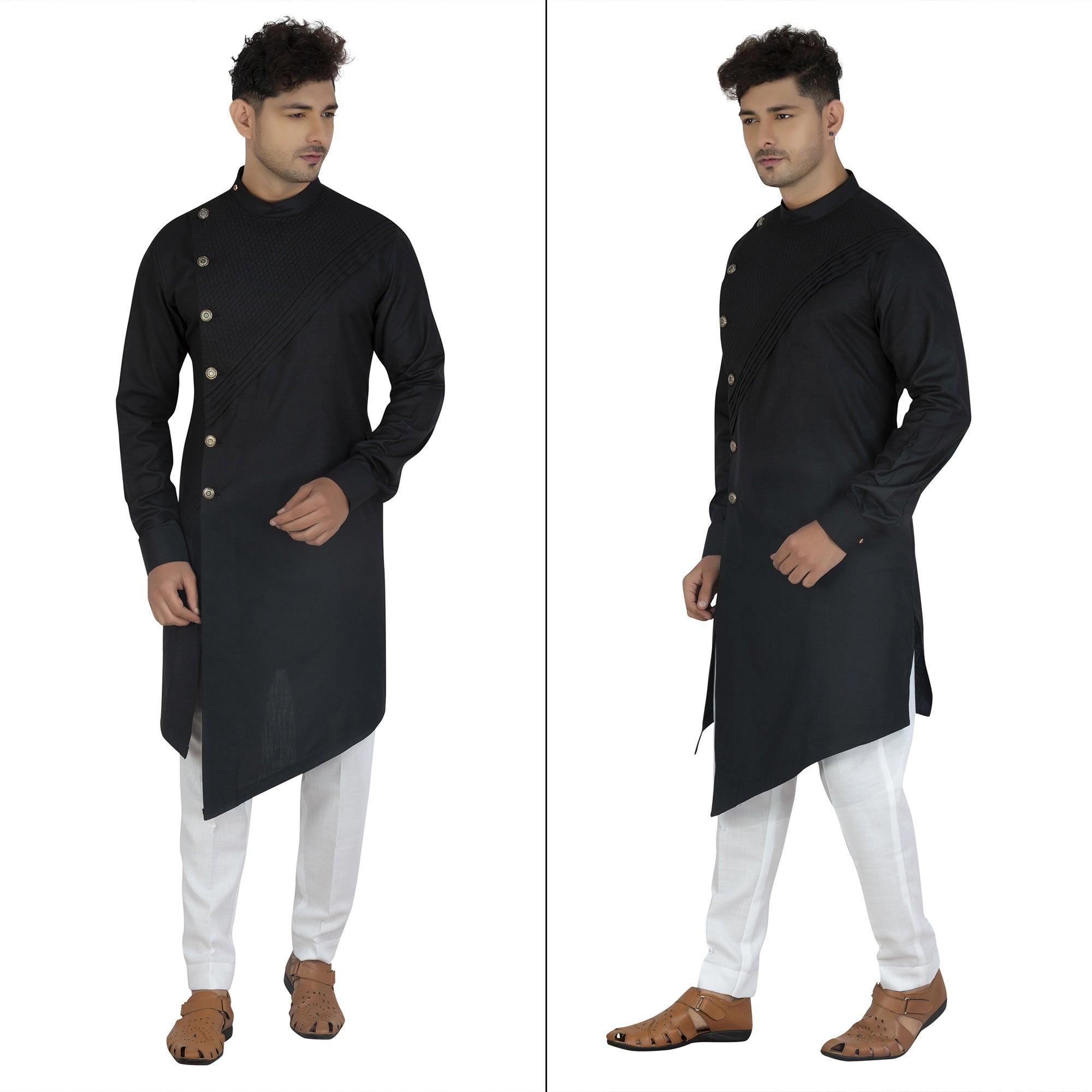 Black Embroidered Poly Cotton Men's Kurta Pyjama Set - Peachmode
