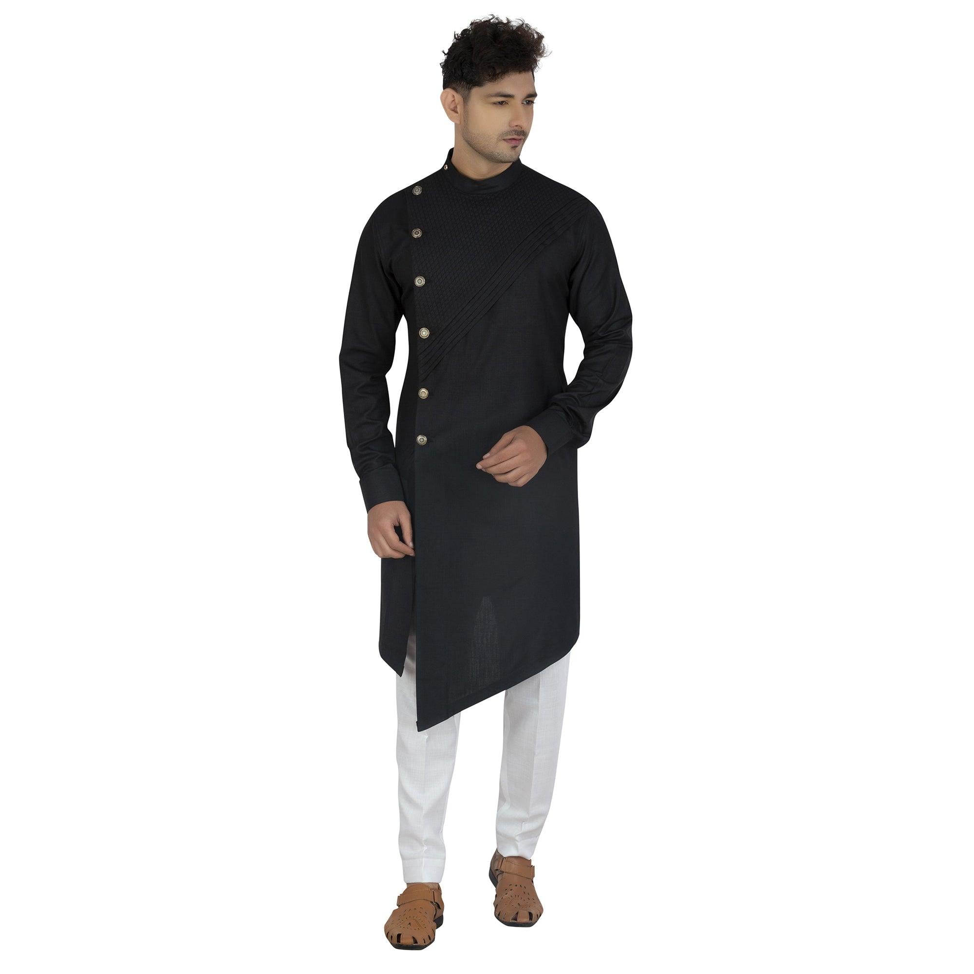 Black Embroidered Poly Cotton Men's Kurta Pyjama Set - Peachmode