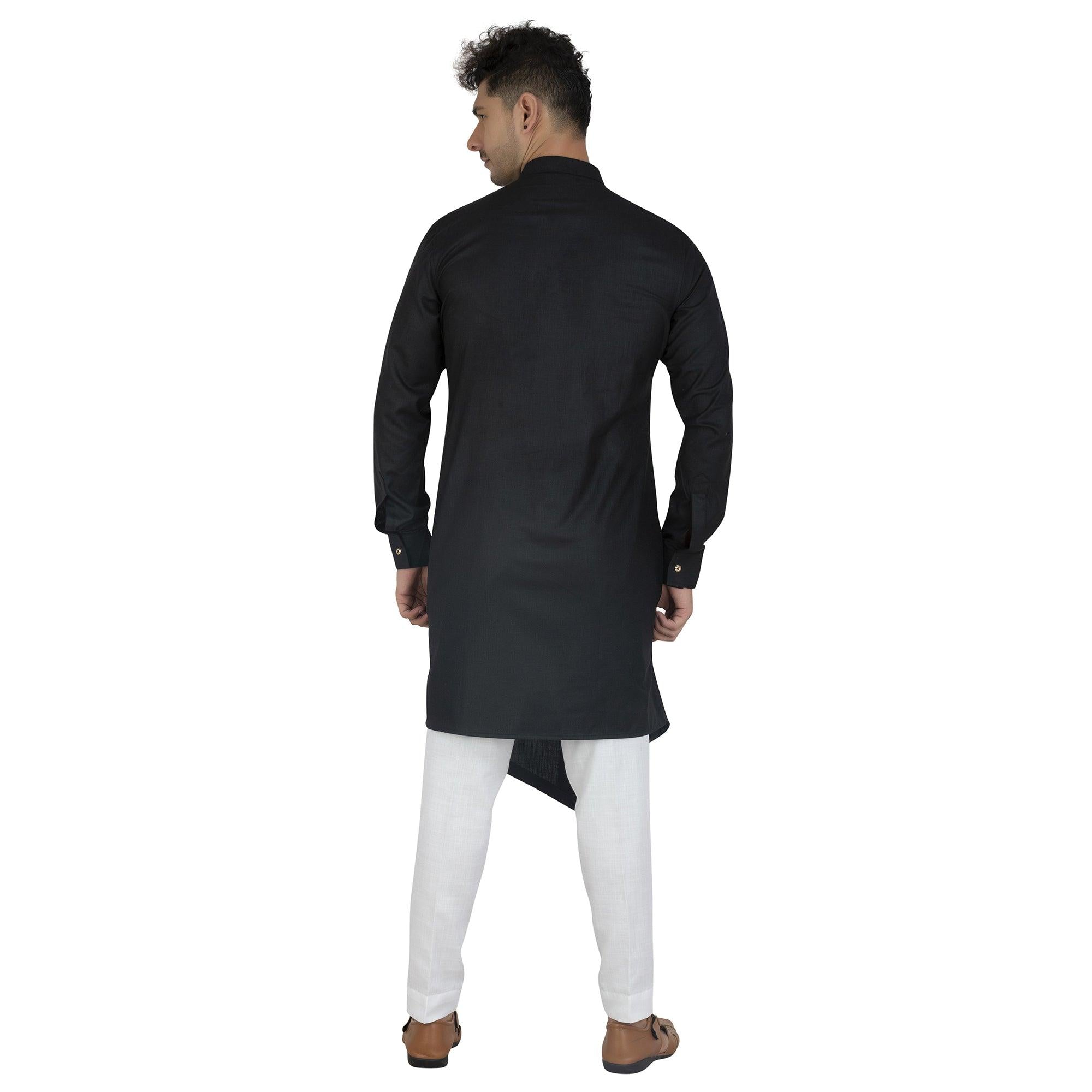 Black Embroidered Poly Cotton Men's Kurta Pyjama Set - Peachmode