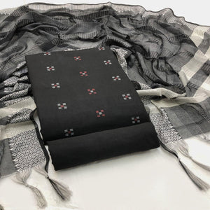 Black Embroidered Pure Cotton Dress Material - Peachmode