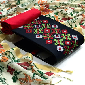 Black Embroidered Pure Cotton Dress Material - Peachmode