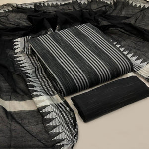 Black Embroidered Pure Cotton Dress Material - Peachmode