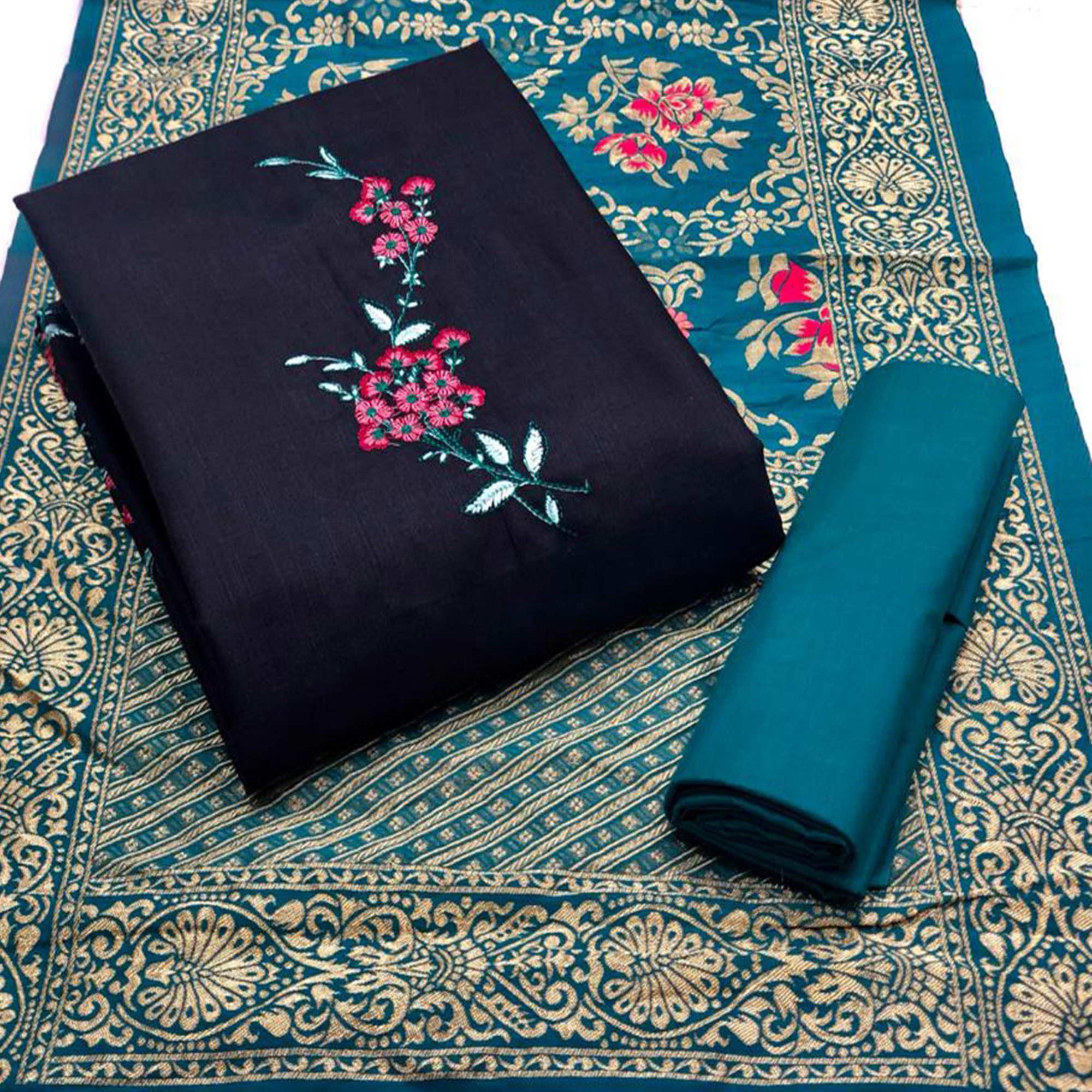 Black Embroidered Pure Cotton Dress Material - Peachmode