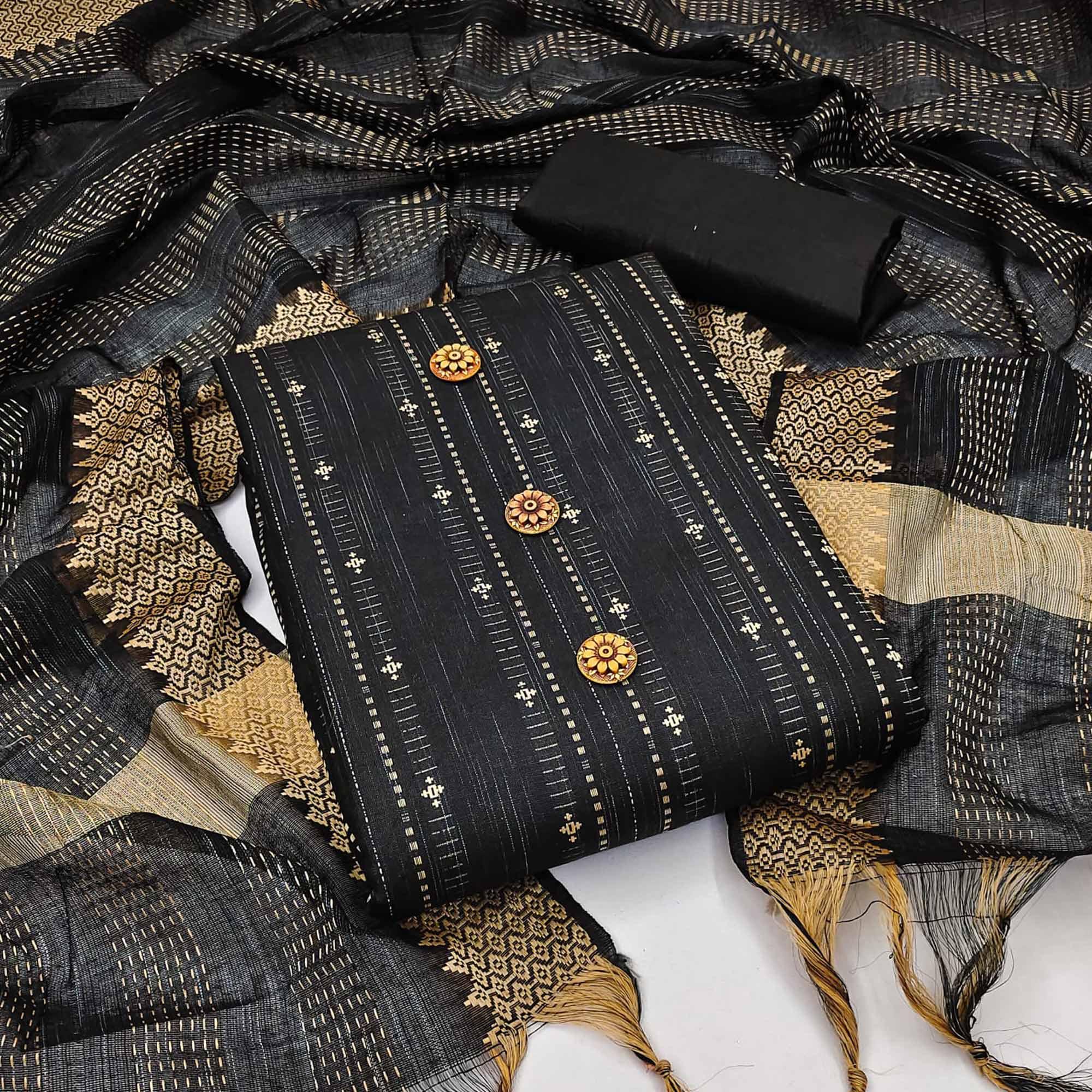 Black Embroidered Pure Cotton Dress Material - Peachmode