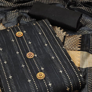 Black Embroidered Pure Cotton Dress Material - Peachmode