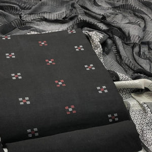 Black Embroidered Pure Cotton Dress Material - Peachmode