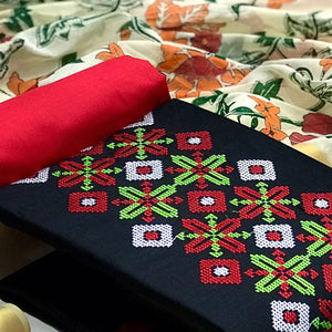 Black Embroidered Pure Cotton Dress Material - Peachmode