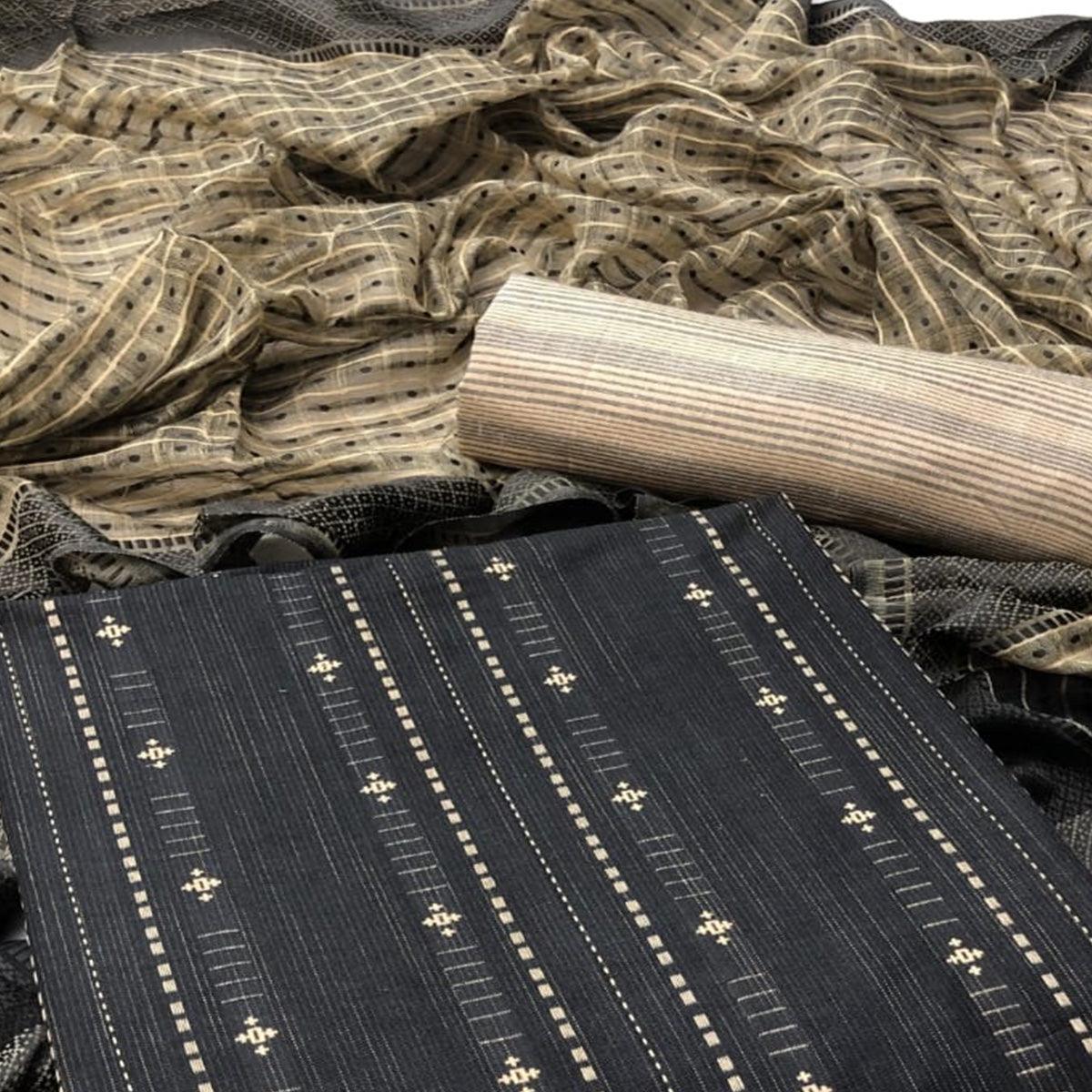 Black Embroidered Pure Cotton Dress Material - Peachmode