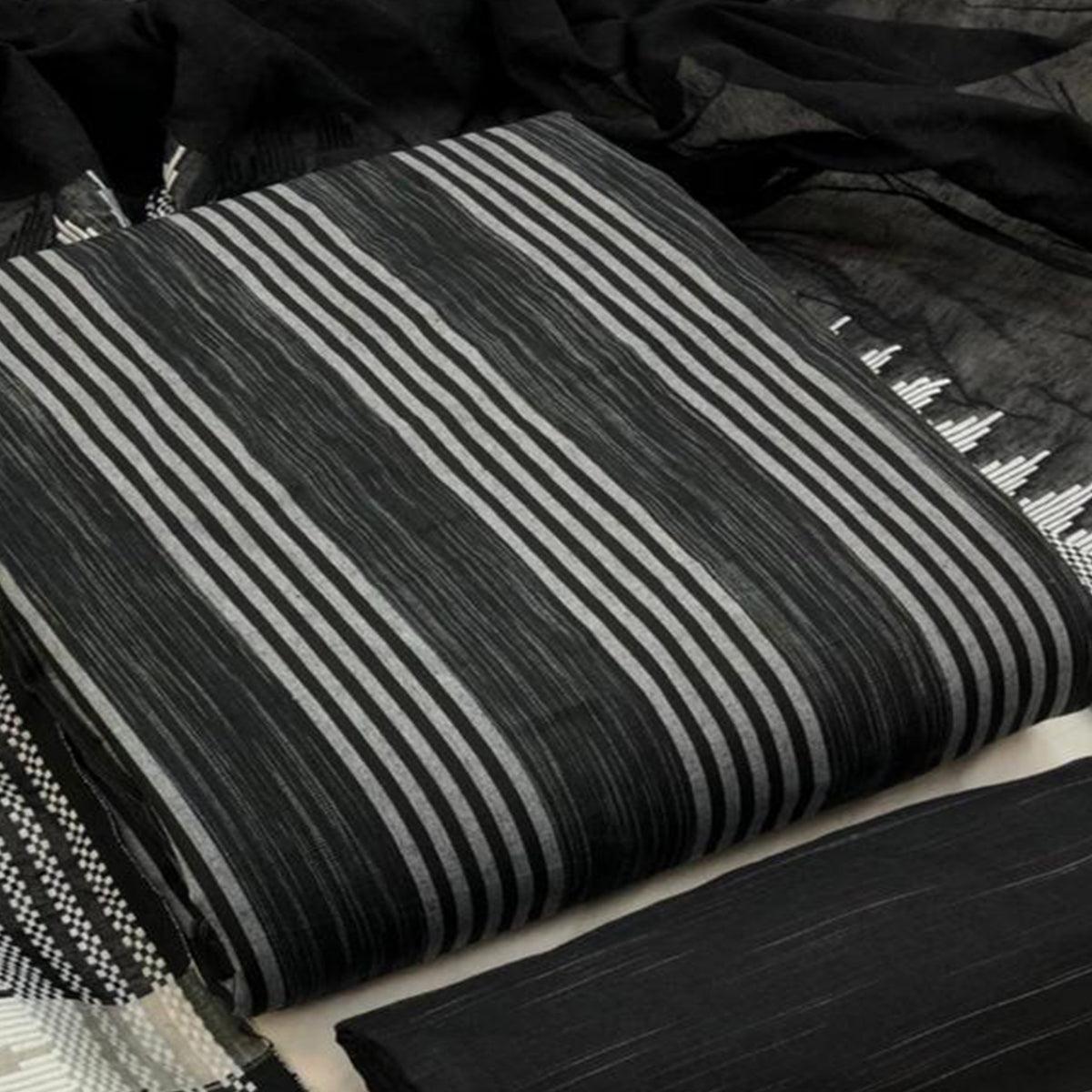 Black Embroidered Pure Cotton Dress Material - Peachmode