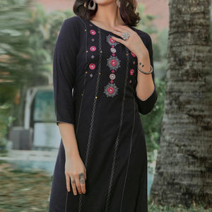 Black Embroidered Pure Cotton Kurti - Peachmode