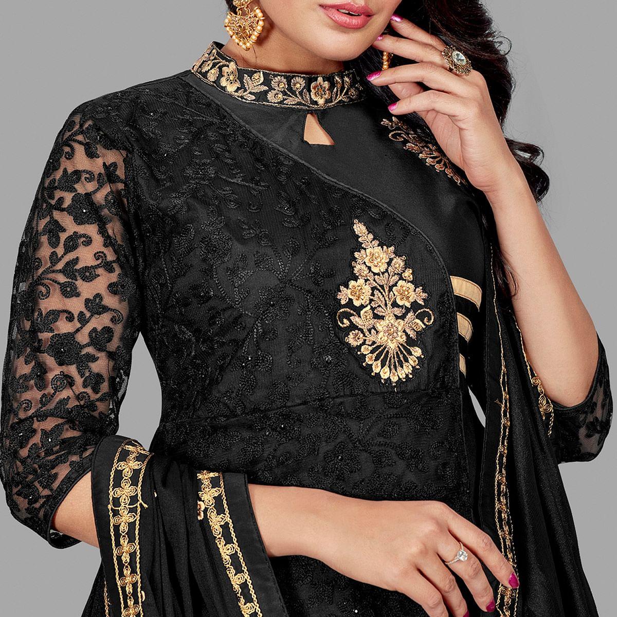 Black Embroidered Pure Silk Gown - Peachmode