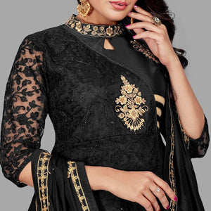 Black Embroidered Pure Silk Gown - Peachmode