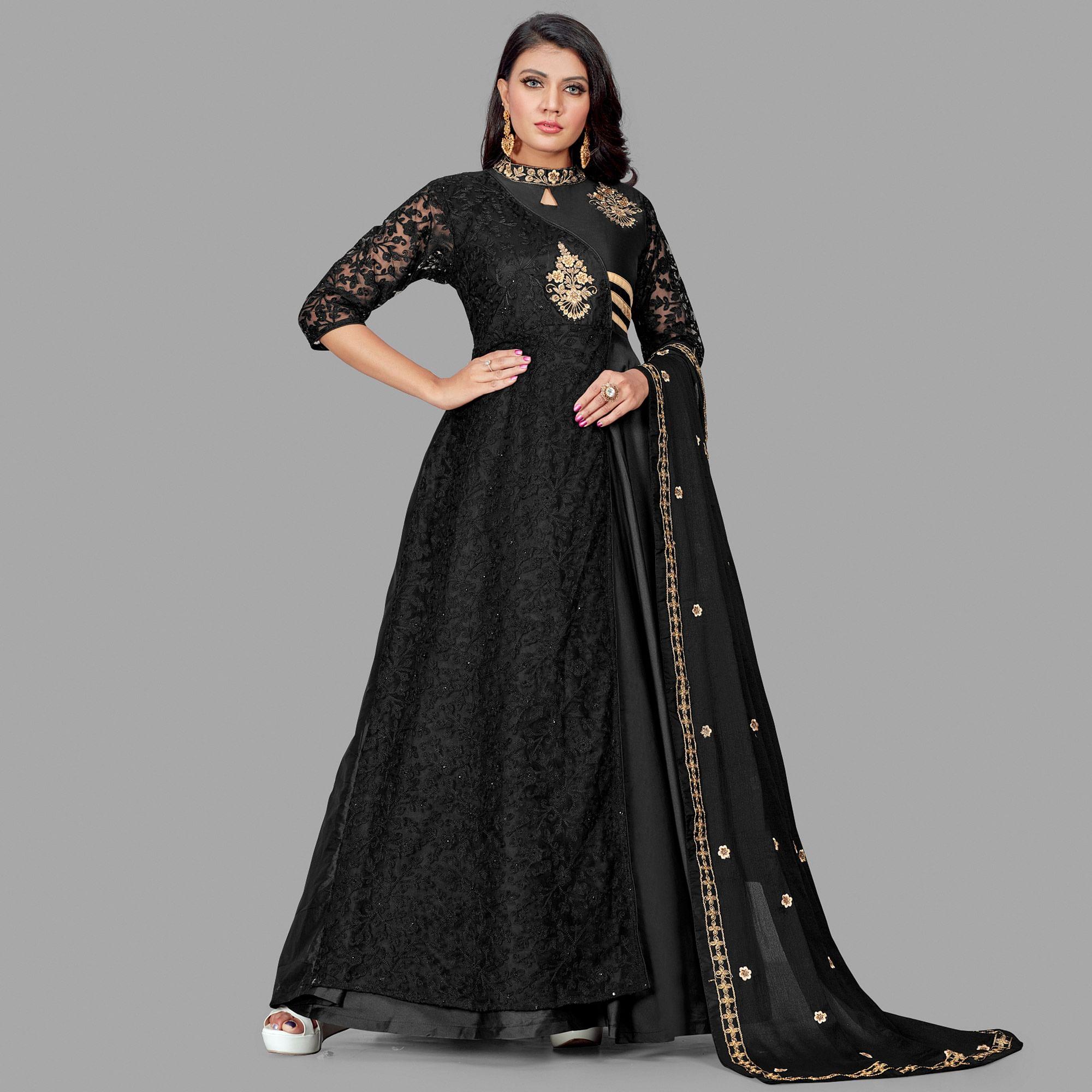 Black Embroidered Pure Silk Gown - Peachmode