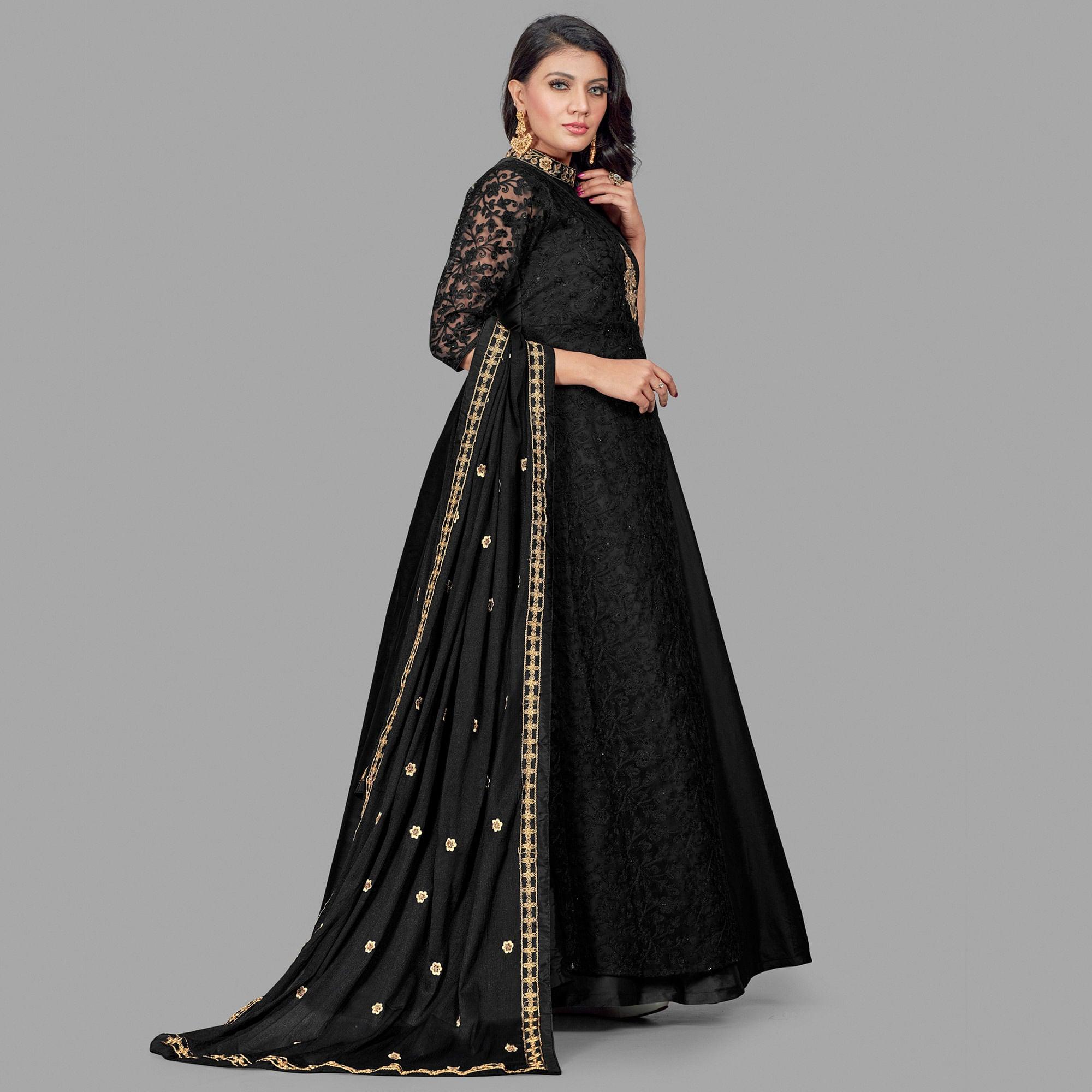 Black Embroidered Pure Silk Gown - Peachmode